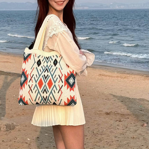 Ethnic Knitted Tote Bag for Women – Woven Plaid Shoulder Bag