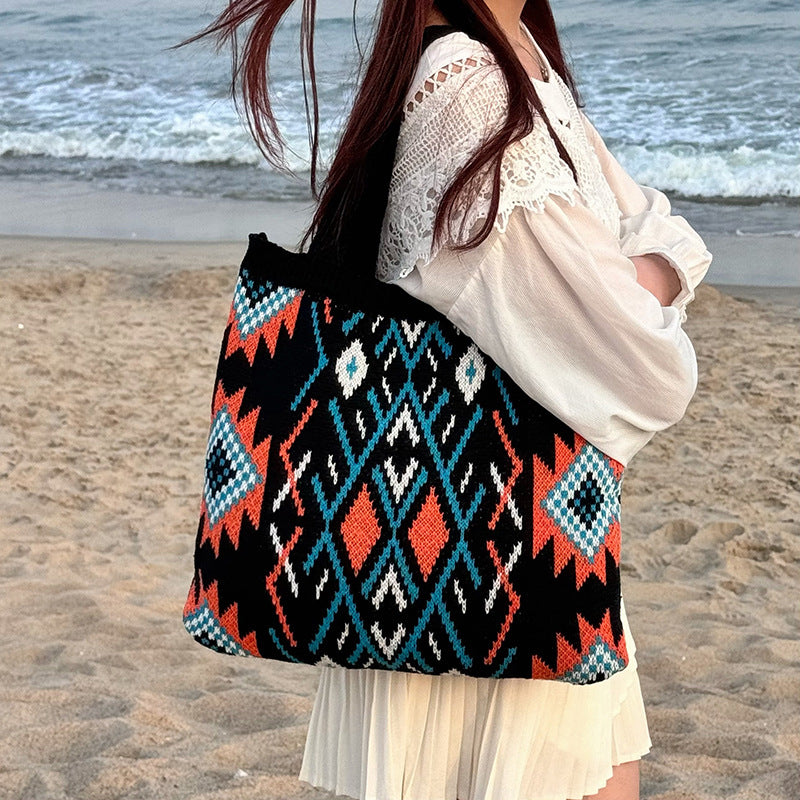 Ethnic Knitted Tote Bag for Women – Woven Plaid Shoulder Bag