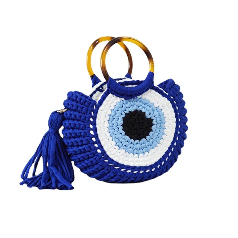 Handmade Crochet Beach Tote Bag – Evil Eye Woven Shoulder Bag for Women
