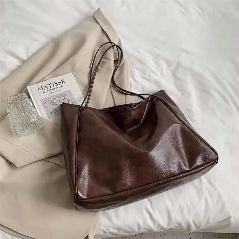 Women's Retro PU Leather Bucket Tote Bag – Soft Underarm Shoulder Handbag