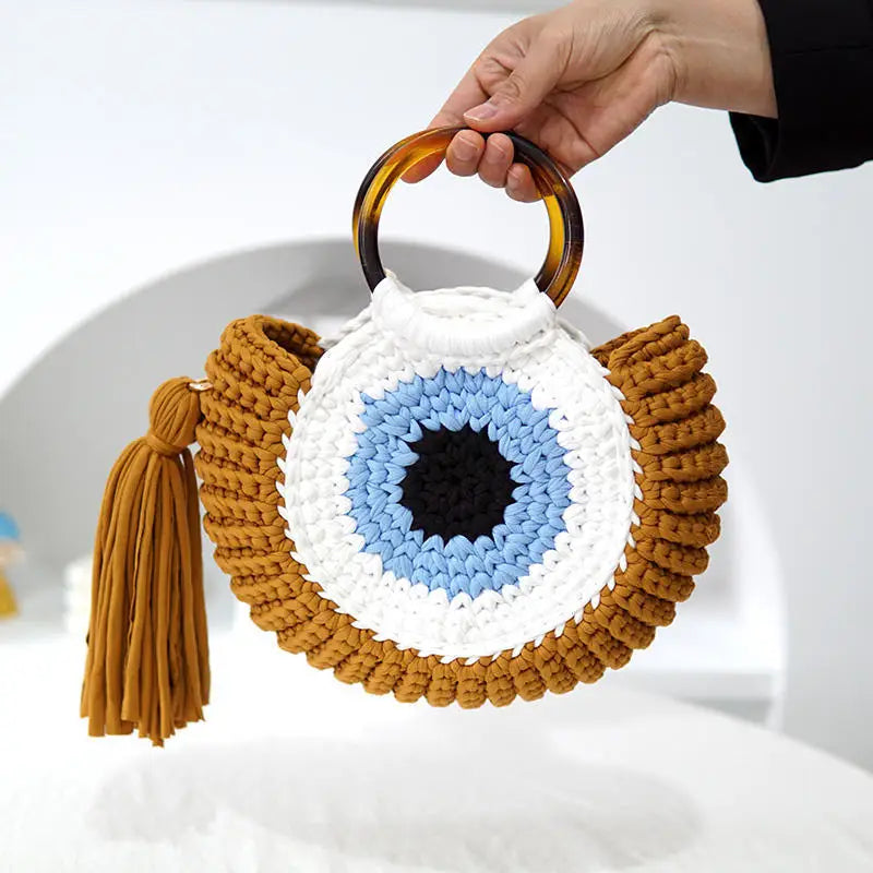 Rope Crochet Handbags Tassel Eyes Tote Round Handle Clutch Female Handmade Knitting Yarn Beach Bags for Women Woven Shoulder Bag