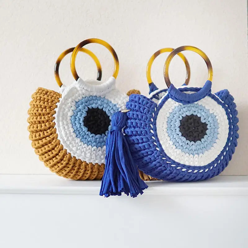 Rope Crochet Handbags Tassel Eyes Tote Round Handle Clutch Female Handmade Knitting Yarn Beach Bags for Women Woven Shoulder Bag