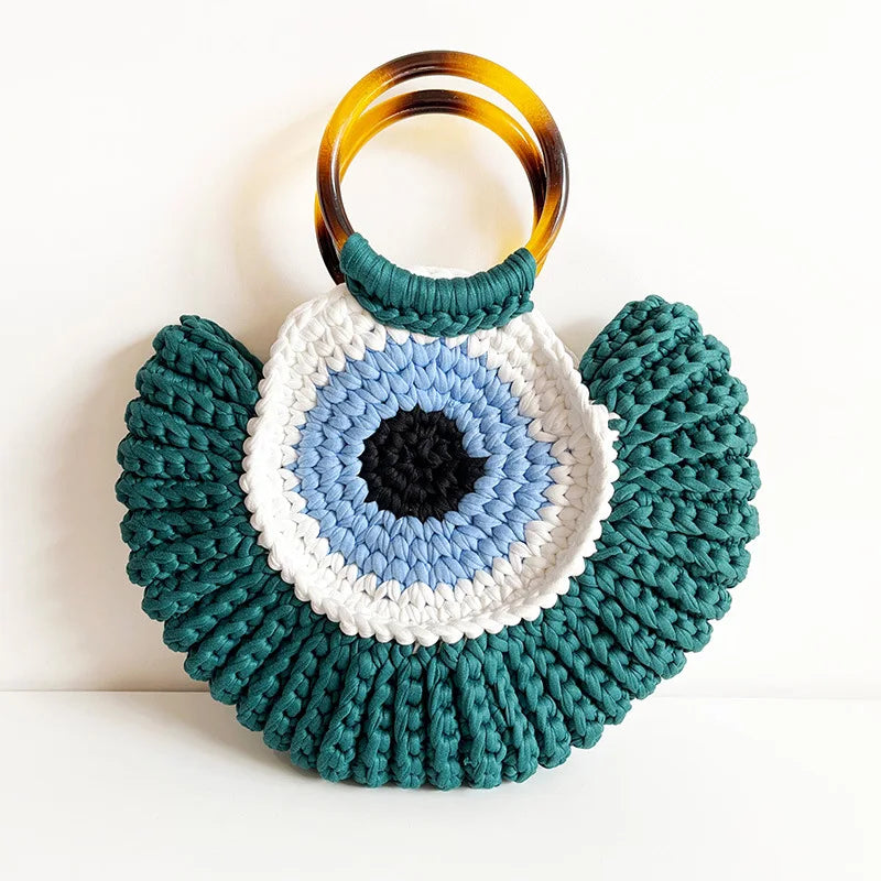 Handmade Crochet Beach Tote Bag – Evil Eye Woven Shoulder Bag for Women