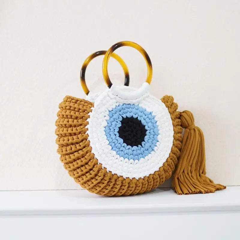 Handmade Crochet Beach Tote Bag – Evil Eye Woven Shoulder Bag for Women