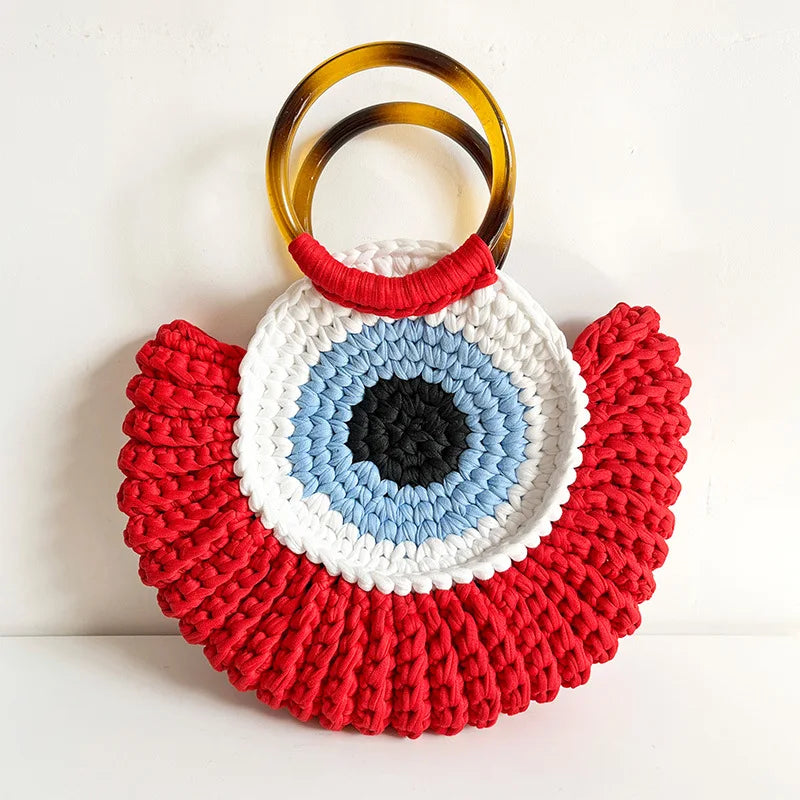 Handmade Crochet Beach Tote Bag – Evil Eye Woven Shoulder Bag for Women
