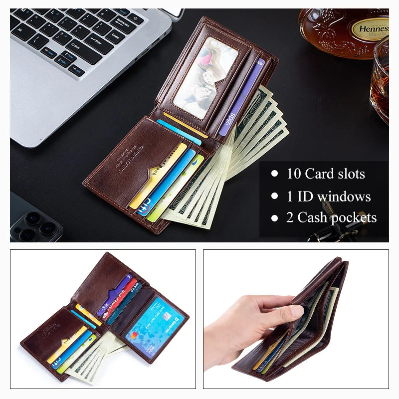Genuine Leather Wallet for Men 9 Cards Mens Wallet Bifold Rfid Blocking with 2 ID Windows Card Holder Wallet