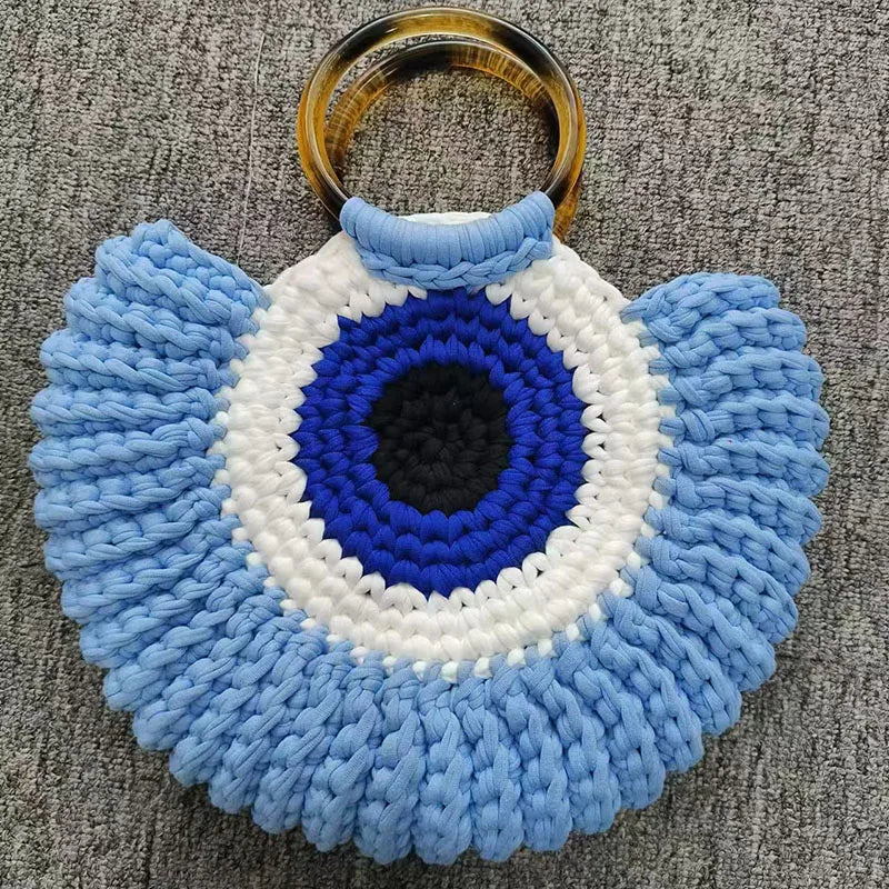 Handmade Crochet Beach Tote Bag – Evil Eye Woven Shoulder Bag for Women