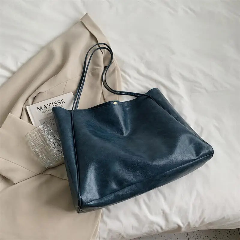 Women's Retro PU Leather Bucket Tote Bag – Soft Underarm Shoulder Handbag