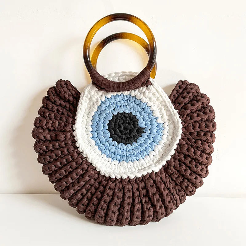 Handmade Crochet Beach Tote Bag – Evil Eye Woven Shoulder Bag for Women
